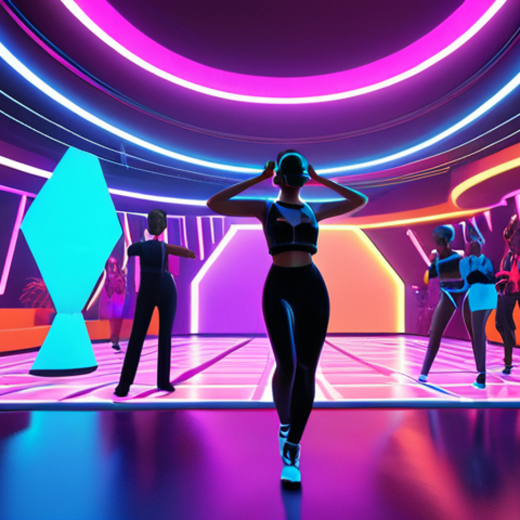** A vibrant Decentraland party. Avatars in stylish outfits dance amidst colorful virtual architecture and glowing neon lights.

**