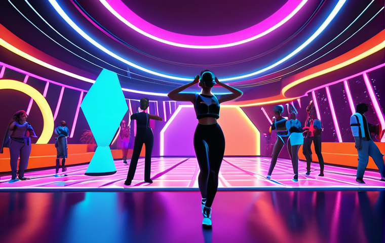 ** A vibrant Decentraland party. Avatars in stylish outfits dance amidst colorful virtual architecture and glowing neon lights.

**