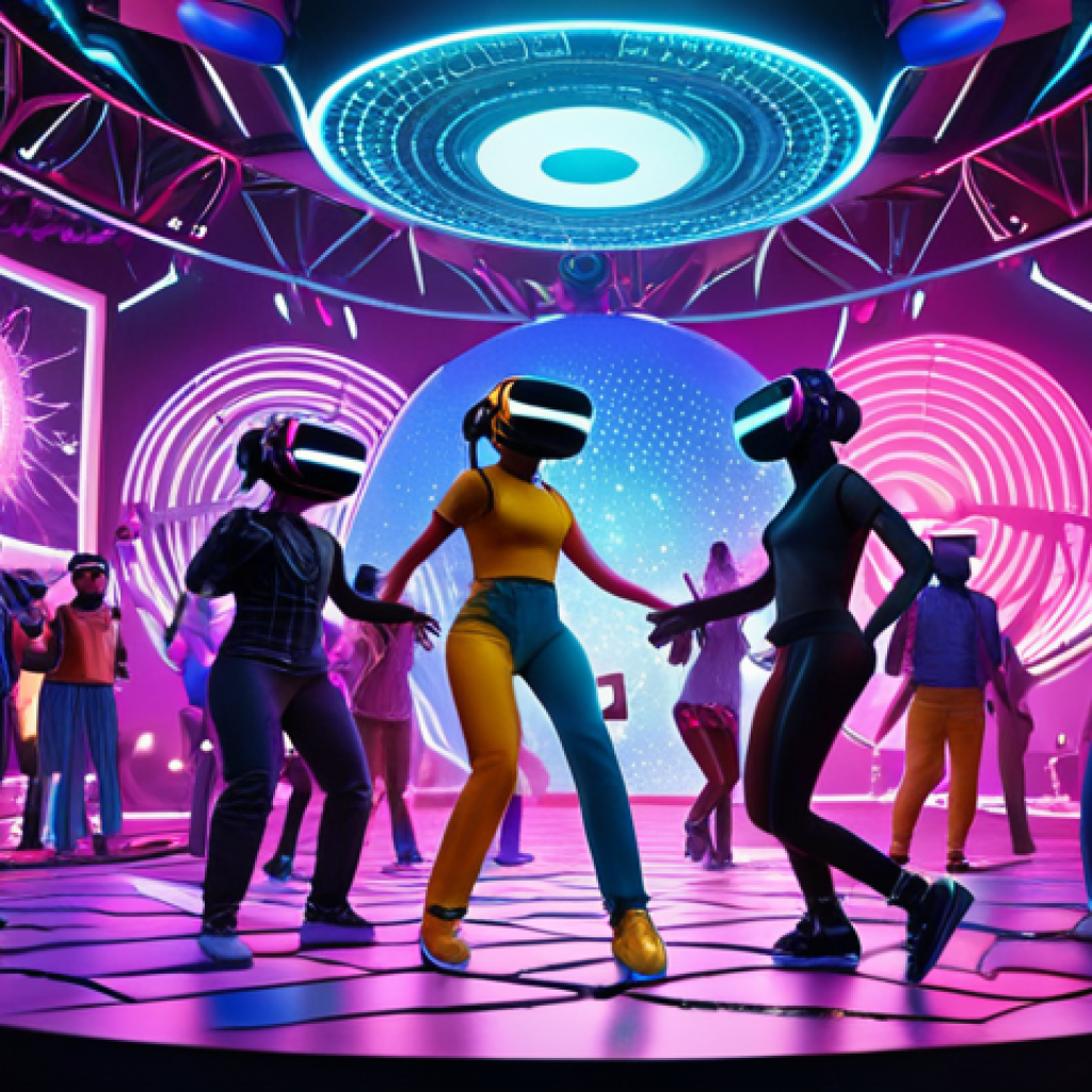 **

A vibrant Metaverse festival scene. Avatars of diverse styles dancing and interacting in a colorful, futuristic virtual world. VR headsets are visible on some avatars. Digital art installations and stages with dynamic lighting effects.  Sponsor logos are subtly placed. (Emphasis on vibrancy and visual chaos).

**