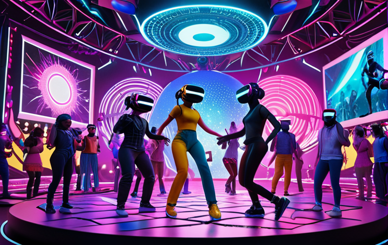 **

A vibrant Metaverse festival scene. Avatars of diverse styles dancing and interacting in a colorful, futuristic virtual world. VR headsets are visible on some avatars. Digital art installations and stages with dynamic lighting effects.  Sponsor logos are subtly placed. (Emphasis on vibrancy and visual chaos).

**